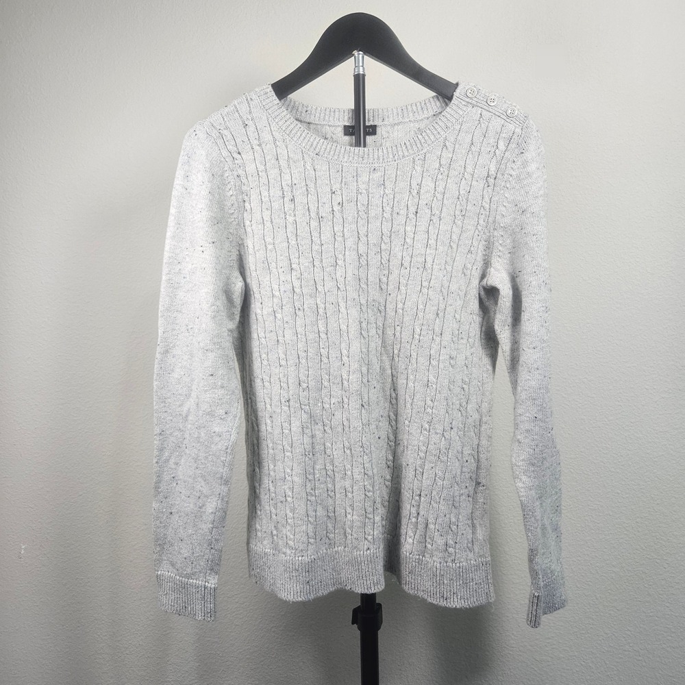 Talbots Sweater Women Medium Gray Cable Knit Shoulder Button Speckled Preppy